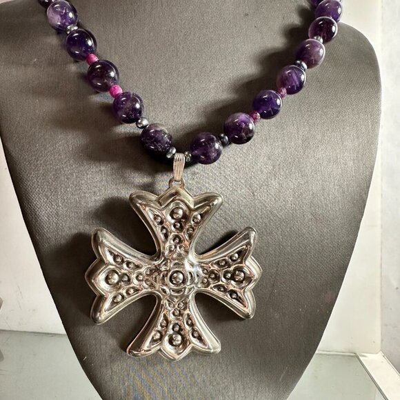 Maltese Cross Sterling Silver Genuine Ruby Tahitian Pearls Amethyst Necklace 925 - Picture 2 of 10